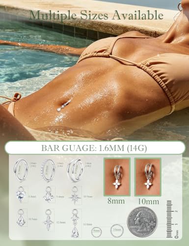 14G Hoop Belly Button Rings for Women Hypoallergenic Surgical Steel Cliker Dangle Belly Rings Hoop Gold Plated Heart Flower CZ Star Navel Piercing Jewelry With 6pcs Dangling Replacements 8/10mm - color: Silver, size: 10mm