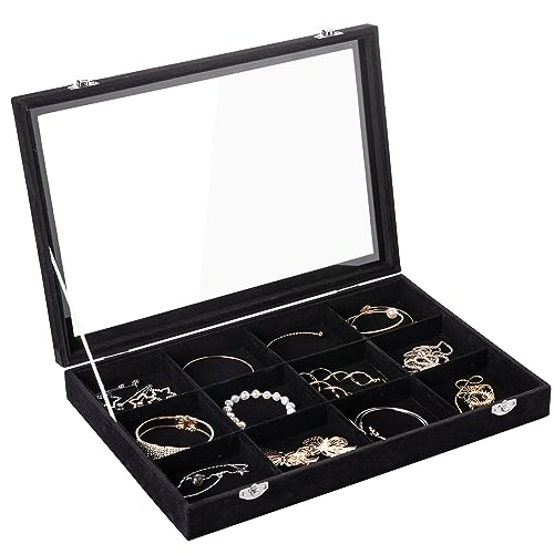 Frebeauty 12 Grid Bracelet Holder Box,Velvet Jewelry Tray with Clear Lid | Real Glass Lid,Bracelet Display,Jewelry Organizer for Bangle Brooch,Adjustable Divider,Dustproof Design,13.8×9.5Inches - color: Black, size: 12 Grid