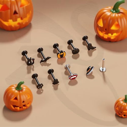 ZS 9Pcs 16G Halloween Labret Lip Rings Internally Threaded Piercing Jewelry | Bat Ghost Skull Monroe Medusa Piercing Jewelry Flat Back Conch Tragus Earrings for Women Men - color: SetB:Black, size: L:8mm