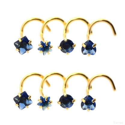 8 Pcs-Pack, Crystal Nose Studs, 20G Stainless Steel, 3mm Zircon, Multiple Shapes Zircon Labret Nose Piercing Ear Jewelry - color: Dark Blue