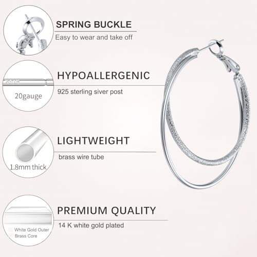 Double Hoop Earrings for Women,925 Sterling Silver Earrings Hoop Post 14K Gold Hoops Non Tarnish Sturdy backless earrings for women,Large Thin Lightweight Hypoallergenic 40mm,Trendy Jewelry Gift - color: Silver