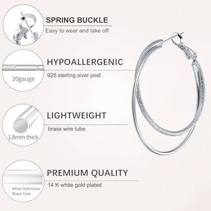 Double Hoop Earrings for Women,925 Sterling Silver Earrings Hoop Post 14K Gold Hoops Non Tarnish Sturdy backless earrings for women,Large Thin Lightweight Hypoallergenic 40mm,Trendy Jewelry Gift - color: Silver