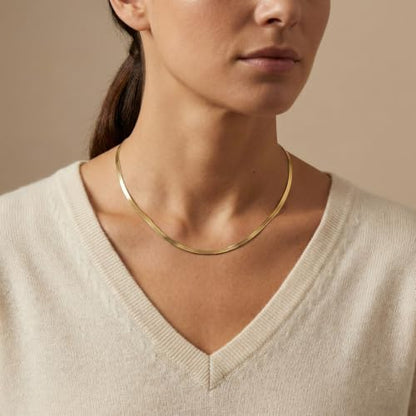 Birthstone Gold Collar Necklace, 14K Gold Herringbone Choker Necklace, Snake Chain Necklace for Women