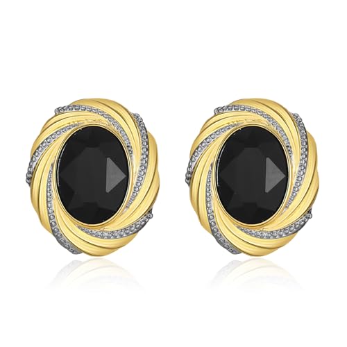 Chunky Gold Geometric Stud Earrings Trendy Vintage 14K Gold Plated Black Cubic Zirconia Statement Cocktail Earrings Dupes Jewelry for Women - style: Black Stone C