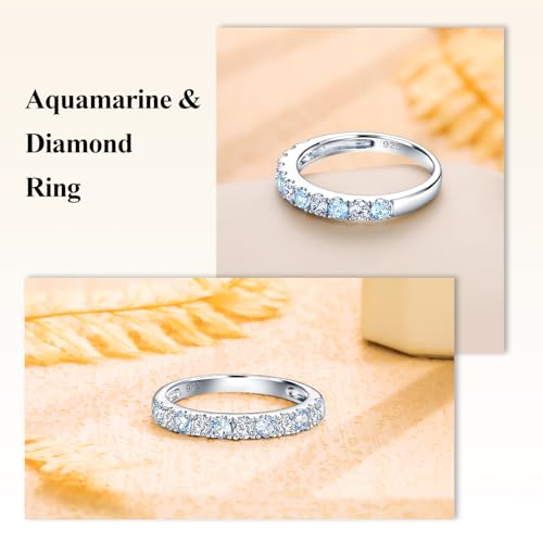 Bezel Set Birthstone Wedding Band 14K Gold Sterling Silver Stackable Half Eternity Band Rings 2.5mm Wide Ruby/Amethyst/Sapphire/Emerald Green/Aquamarine Ring for Women, Send Gift Box - style: 03-Created Aquamarine & CZ