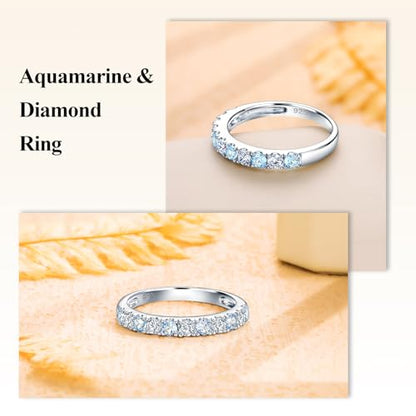 Bezel Set Birthstone Wedding Band 14K Gold Sterling Silver Stackable Half Eternity Band Rings 2.5mm Wide Ruby/Amethyst/Sapphire/Emerald Green/Aquamarine Ring for Women, Send Gift Box - style: 03-Created Aquamarine & CZ