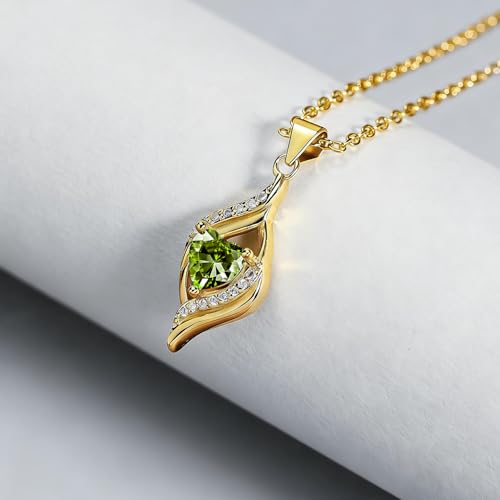 Birthstone Necklace for Women, 14K Gold Plated Heart Cubic Zirconia Pendant, Dainty Birthstone Jewelry Necklace Gifts for Birthday, Valentine’s Day Mother's Day - color: August-Peridot
