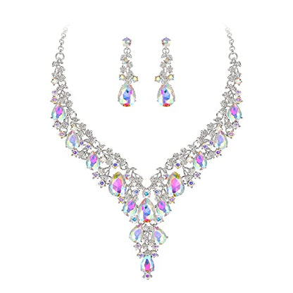 Wedding Bridal Necklace Earrings Jewelry Set for Women | Gorgeous Austrian Crystal Teardrop Flower Cluster for Bridal Bride Bridesmaid - color: 2Pcs-Iridescent AB Silver-Tone
