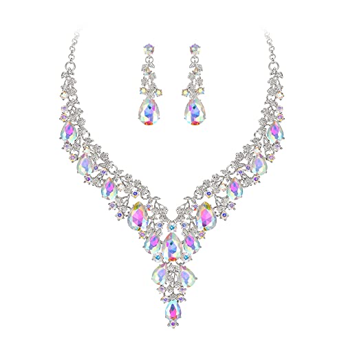 Wedding Bridal Necklace Earrings Jewelry Set for Women | Gorgeous Austrian Crystal Teardrop Flower Cluster for Bridal Bride Bridesmaid - color: 2Pcs-Iridescent AB Silver-Tone