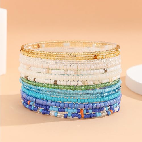 18Pcs Boho Stackable Beaded Bracelets for Women Colorful Handmade Multilayered Rice Beads Anklets Set Summer Beach Bohemian Jewelry Gift - color: Style 1 Blue B