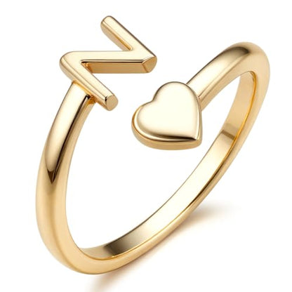 FUNRUN JEWELRY Gold Initial Ring for Women Non Tarnish 14K Gold Plated | Adjustable Letter Rings A-Z Dainty Heart Alphabet Stackable Band Rings Trendy Capital Letter Pinky Knuckle Thumb Ring - style: N Initial Ring