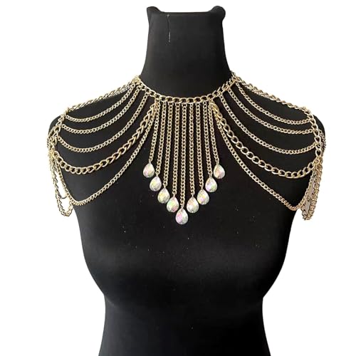 Punk Metal Shoulder Chain Necklace Jewelry Sexy Crystal Tassel Arm Chain Bridal Wedding Multi-layered Shoulder Body Chain Bikini Back Chain Jewelry for Women