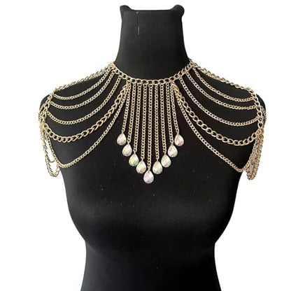 Punk Metal Shoulder Chain Necklace Jewelry Sexy Crystal Tassel Arm Chain Bridal Wedding Multi-layered Shoulder Body Chain Bikini Back Chain Jewelry for Women
