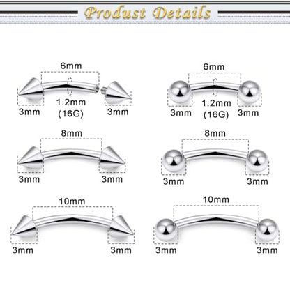 Eyebrow Piercing Jewelry Internally Threaded Surgical Steel Vertical Labret Lip Jewelry Curved Barbell Tiny Eyebrow Ring Ear Rook Navel Small Belly Button Ring for Women Men 16g - color: 16g,silvertone
