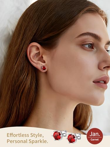 FindChic 2 Carat Birthstone Stud Earrings for Women, Round/Heart/Princess Cut Stud Earrings, Hypoallergenic Studs with 925 Sterling Silver Posts, 12 Months Birthday Jewelry Gift - color: 01. January-Garnet(Round Cut )