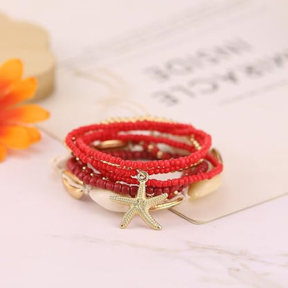 Bohemian Starfish Bracelets for Women - Adjustable Stackable Beach Bracelets, Handmade Stretchy Beaded Summer Jewelry, Perfect for Surf & Waterproof Fun - color: Red