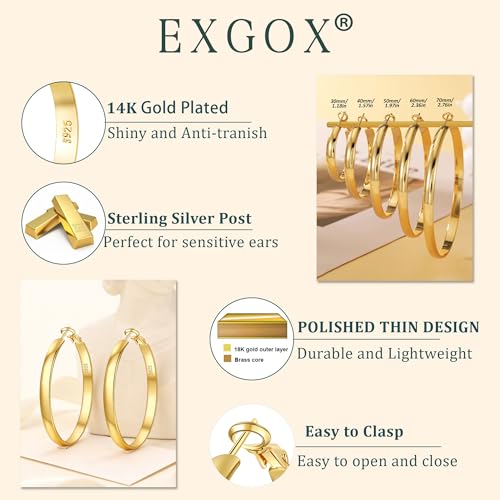 EXGOX 5mm Wide Gold Hoop Earrings for Women,Sterling Silver Hoop Earrings Large Silver Hoop Earrings Hypoallergenic Lightweight 14K Real Gold Plated Big Hoop Earrings for Women 30/40/50/60/70mm - color: Gold Color/60MM