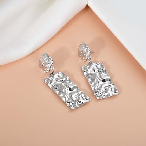 Large Geometric Drop Dangle Earrings for Women Pearl Teardrop Disc Rectangle Oval Fishtail Shell Shaped Textured Dangle Studs Earrings for Women - color: Silver-Rectangle