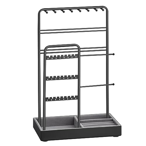 SONGMICS Necklace Holder, Jewelry Stand Holder Organizer, Jewelry Display with Metal Frame, Velvet Tray,Earring Bracelet Holder, for Gift Idea, 4.5 x 7.7 x 12.1 inch, Ink Black UJJS021B01 - color: Ink Black, size: 4.5"D x 7.7"W x 12.1"H