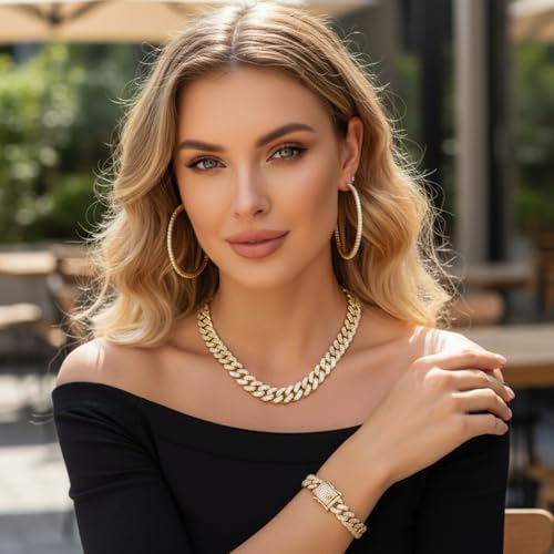 Batiyeer 3 Pcs Cuban Link Chain Necklace Bracelet Rhinestone Hoop Earrings Bling Crystal Hip Hop Jewelry for Women(16 Inch,Gold) - color: Gold, size: 16 Inch
