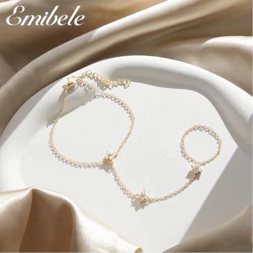 Emibele Gold Bracelets for Women, 18K Gold Plated Hand Chain, Cubic Zirconia Stainless Steel Non Tarnish Hand Chain Bracelet with Finger Ring, Adjustable Trendy Jewelry Valentines Day Gifts for Women - style: Four Leaf Flower