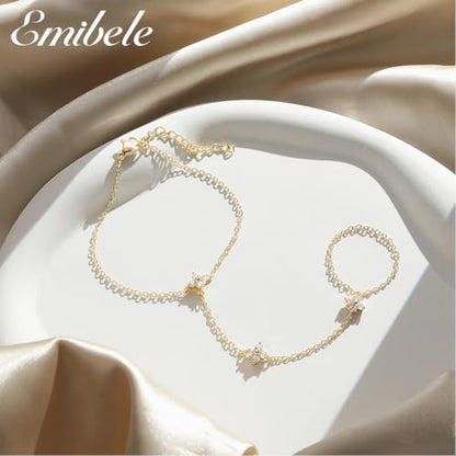 Emibele Gold Bracelets for Women, 18K Gold Plated Hand Chain, Cubic Zirconia Stainless Steel Non Tarnish Hand Chain Bracelet with Finger Ring, Adjustable Trendy Jewelry Valentines Day Gifts for Women - style: Four Leaf Flower