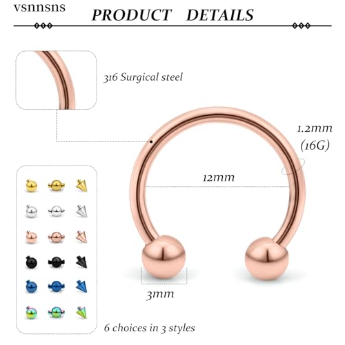 12G & 16G Septum Rings - Surgical Steel Septum Piercing Jewelry Horseshoe & Snake Bite Rings, Daith Rook Earrings for Women & Men - color: 16G 12MM