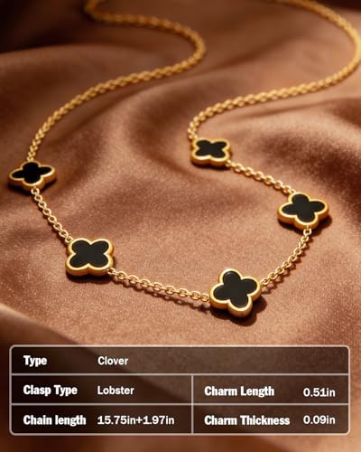 Four Leaf Clover Necklace 18K Gold Plated Necklaces for Women Lucky Flower Pendant Adjustable Link Chain Stainless Steel Dainty Trendy Simple Jewelry Gifts for Women - color: 5G-Black