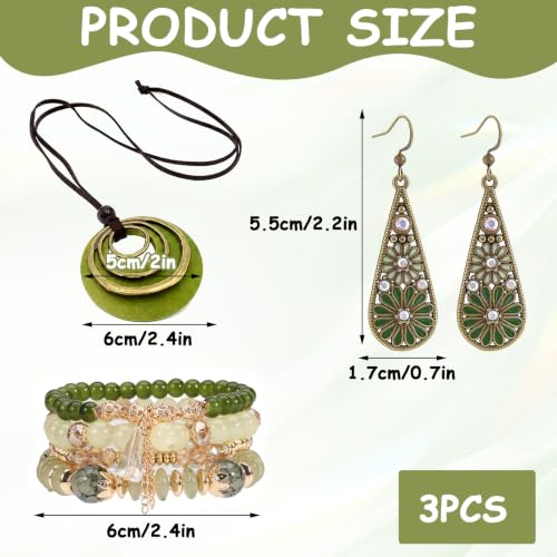 3 Pcs Boho Jewelry for Women Set, Disc Necklace Crystal Teardrop Earrings Beaded Bracelet, Bohemian Style Jade Jewelry Fit Warm-Weather Beach Vacation Accessories