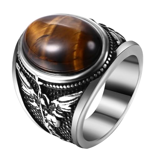 OIDEA Signet Rings for Men: St Michael The Great Protector Archangel Defeating Satan Figurine Amulet Ring Biker Rings - color: Tiger Eye