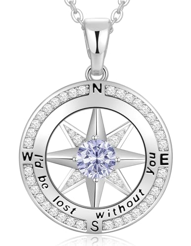 Peeshow Compass Birthstone Necklace for Women Wife, S925 Sterling Silver Gift for Wife Wedding Anniversary Birthday Gifts for Women Jewelry for Her Girlfriend I'd be Lost without You - style: 06-June-Alexandrite