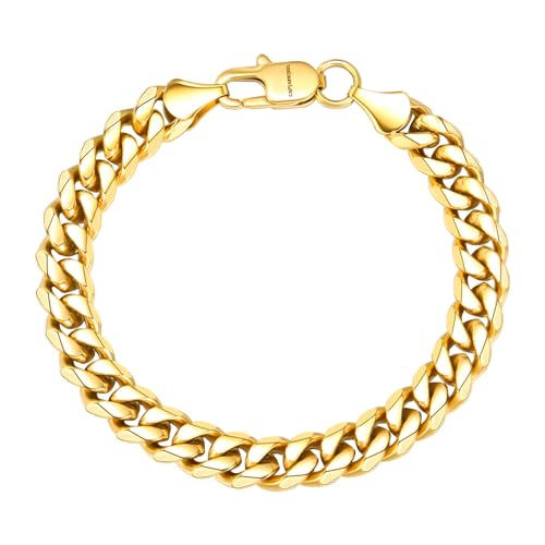 CaptainSteeL Cuban Bracelet for Men Stainless Steel Chain Link Bracelet | 8mm Width,7/7.5/8/9 Inch Length, Silver/18K Gold Plated,Men Bracelet,Waterproof Bracelet,Bithday ,Christmas gift - color: Cuban Chain Gold Plate, size: 7.5in