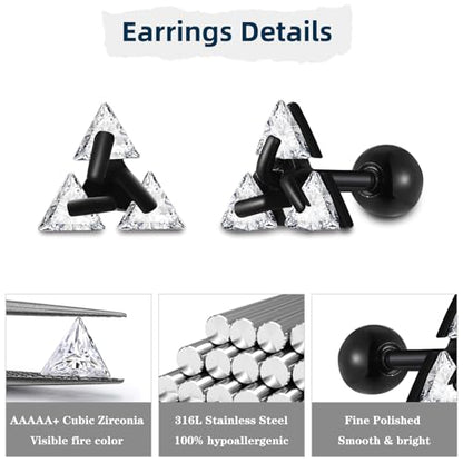 Unisex Geometric Triangle Stud Earrings, Stainless Steel Minimalist Cubic Zirconia Pierced Post Earrings for Men Women - style: Three Zircons-Black