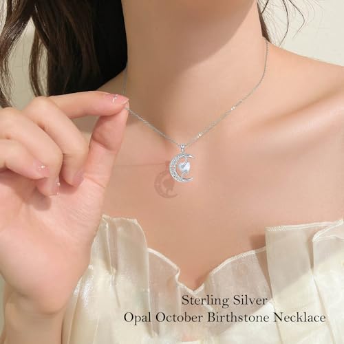 TOUPOP Moon and Star Birthstone Necklace for Women 925 Sterling Silver Celtic Moon Jewelry Birthday Mothers Day Gifts for Mom Wife Her - color: 10-October-Opal