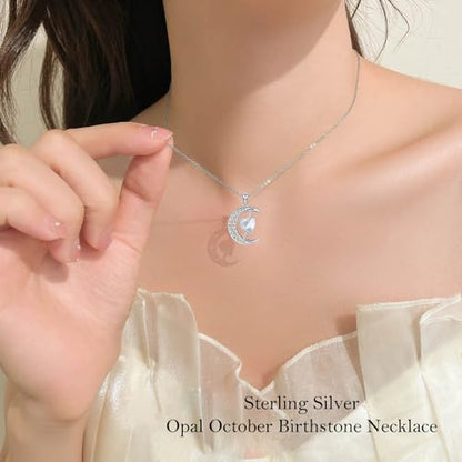 TOUPOP Moon and Star Birthstone Necklace for Women 925 Sterling Silver Celtic Moon Jewelry Birthday Mothers Day Gifts for Mom Wife Her - color: 10-October-Opal
