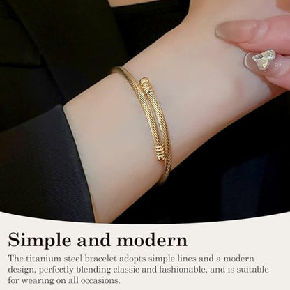Jewelers Stainless Steel Cable Wire Open Cuff Adjustable Size - color: Gold