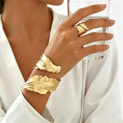 Geometric Irregular Cuff Bracelet and Open Ring Set Punk Style Avant-Garde Jewelry for Women Fashion Accessories