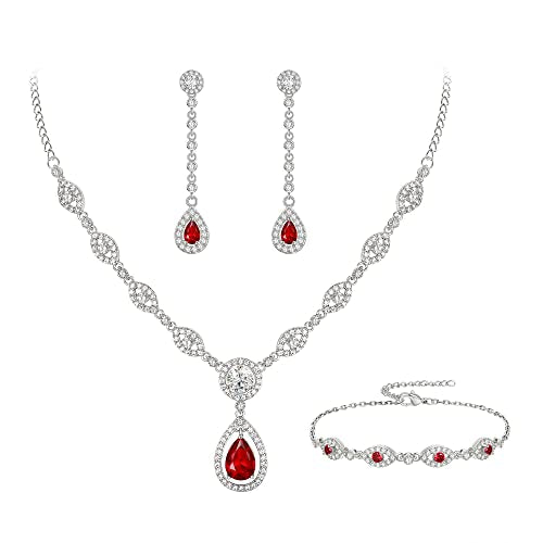 EVER FAITH Bridal Jewelry Set for Women, Stunning Teardrop Cubic Zirconia Birthstone Necklace Bracelet Earrings Sets Gift for Mothers Day/Valentines/Birthday/Christmas - color: Red