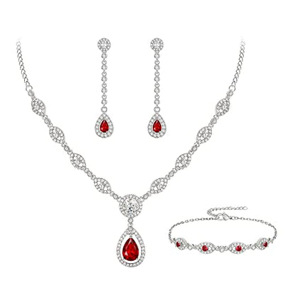 EVER FAITH Bridal Jewelry Set for Women, Stunning Teardrop Cubic Zirconia Birthstone Necklace Bracelet Earrings Sets Gift for Mothers Day/Valentines/Birthday/Christmas - color: Red