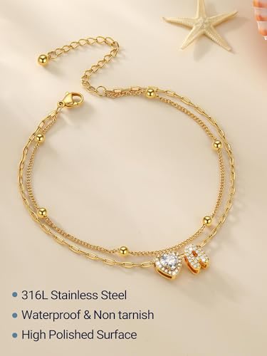 PROSTEEL Initial Ankle Bracelets for Women Waterproof, A-Z Gold/Silver Layered Anklets Adjustable, Summer Beach Gift Jewelry - color: Gold, size: A