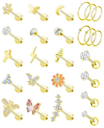 Akeoqi 25Pcs 16G Cartilage Earrings Stud for Women Men Stainless Steel Helix Conch Hoops CZ Opal Flower Butterfly Moon Lighting Snake Bee Forward Rook Tragus Flat Screw Back Piercings Jewelry