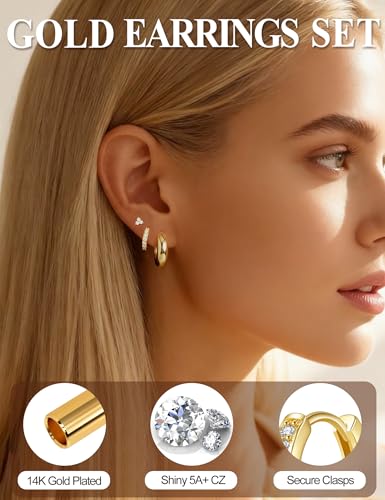 Small Gold Earring Stack Trendy 925 Sterling Silver Earrings for Women Hypoallergenic 14K Gold Plated Cubic Zirconia Stud Hoop Non Tarnish Huggie Hoop Earrings Set for Multiple Piercing Jewelry Gift - style: Gold: 2 Pairs of Hoops + 1 Pair of Studs