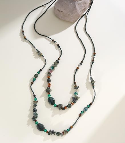 Noessla Boho Long Beaded Necklaces for Women Double Layer Chunky Irregular Stone Beads Strand Statement Jewelry Mothers Day Gifts - color: Dark Green