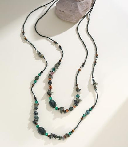 Noessla Boho Long Beaded Necklaces for Women Double Layer Chunky Irregular Stone Beads Strand Statement Jewelry Mothers Day Gifts - color: Dark Green