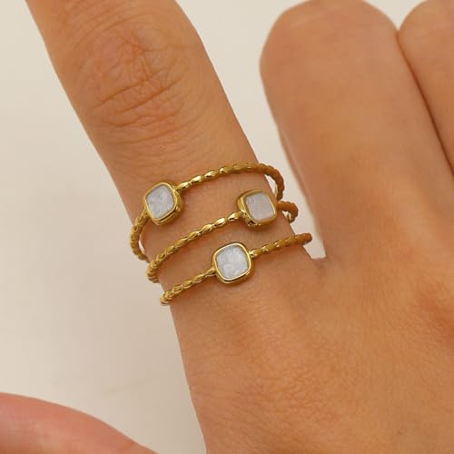 Layered Open Statement Ring Enamel Square Geometric Rings for Women Stainless Steel 18K Gold Plated Adjustable Finger Bands Stackable Comfort Fit Wedding Engagement Fashion Jewelry - color: White