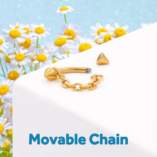 3 Pcs 316L Stainless Steel 16G Tragus Helix Rook Piercing Jewelry with Chain, Cartilage Earrings for Women, Belly Button Ring Vertical Labret Lip Piercing Jewelry - color: Gold, size: Cone