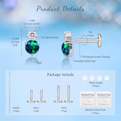 limerencia G23 Hypoallergenic 18g Flat Back Stud Earrings | F136 Implant Grade Titanium Pressfit Threadless Push Pop in Cartilage Helix Labret Lip Monroe Tragus Flat Back Piercing Studs - color: CZ + Green Opal