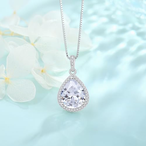 FJ Teardrop Pendant Necklace 925 Sterling Silver Birthstone Jewelry for Women - color: 04 April-Simulated Diamond