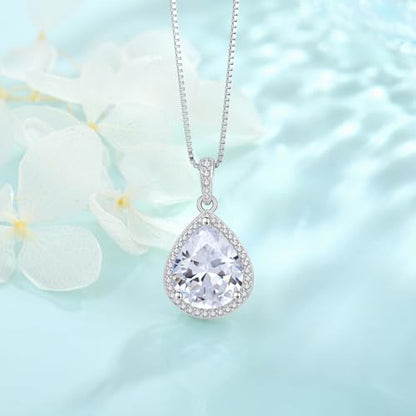 FJ Teardrop Pendant Necklace 925 Sterling Silver Birthstone Jewelry for Women - color: 04 April-Simulated Diamond