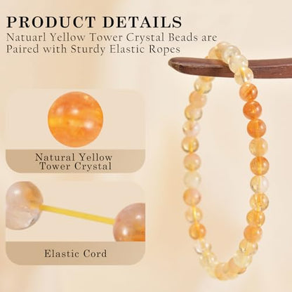 Agate Round Beaded Bracelet for Women Men Natural Agates Stone Healing Bracelets Stretch Elastic Handmade Polished Gemstone Beads Bracelet - color: Yellow Tower Crystal, size: 6mm Beads